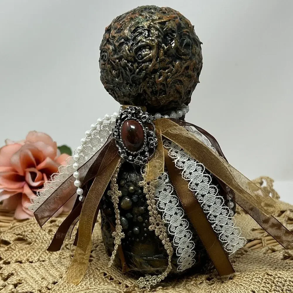 Artistic Brown and Gold Figurine with Lace Accents Handmade Home Decor